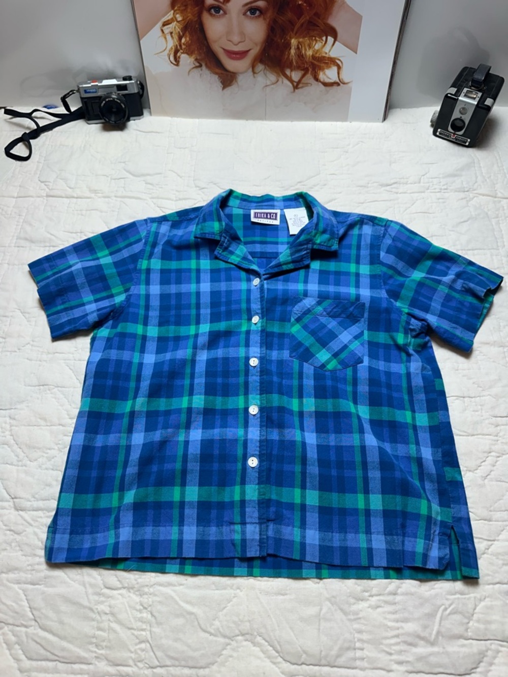 Blue Green Plaid Button Down | 90s Minimalist Boxy Short Sleeve · Erika & Co - Picture 2 of 11